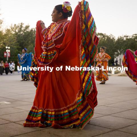 Dancers performing a traditional  dance. Fiesta on the green at the Nebraska Union Plaza. Fiesta on the Green is an annual Latino culture and heritage festival. October 5, 2023. Photo by Kristen Labadie / University Communication.